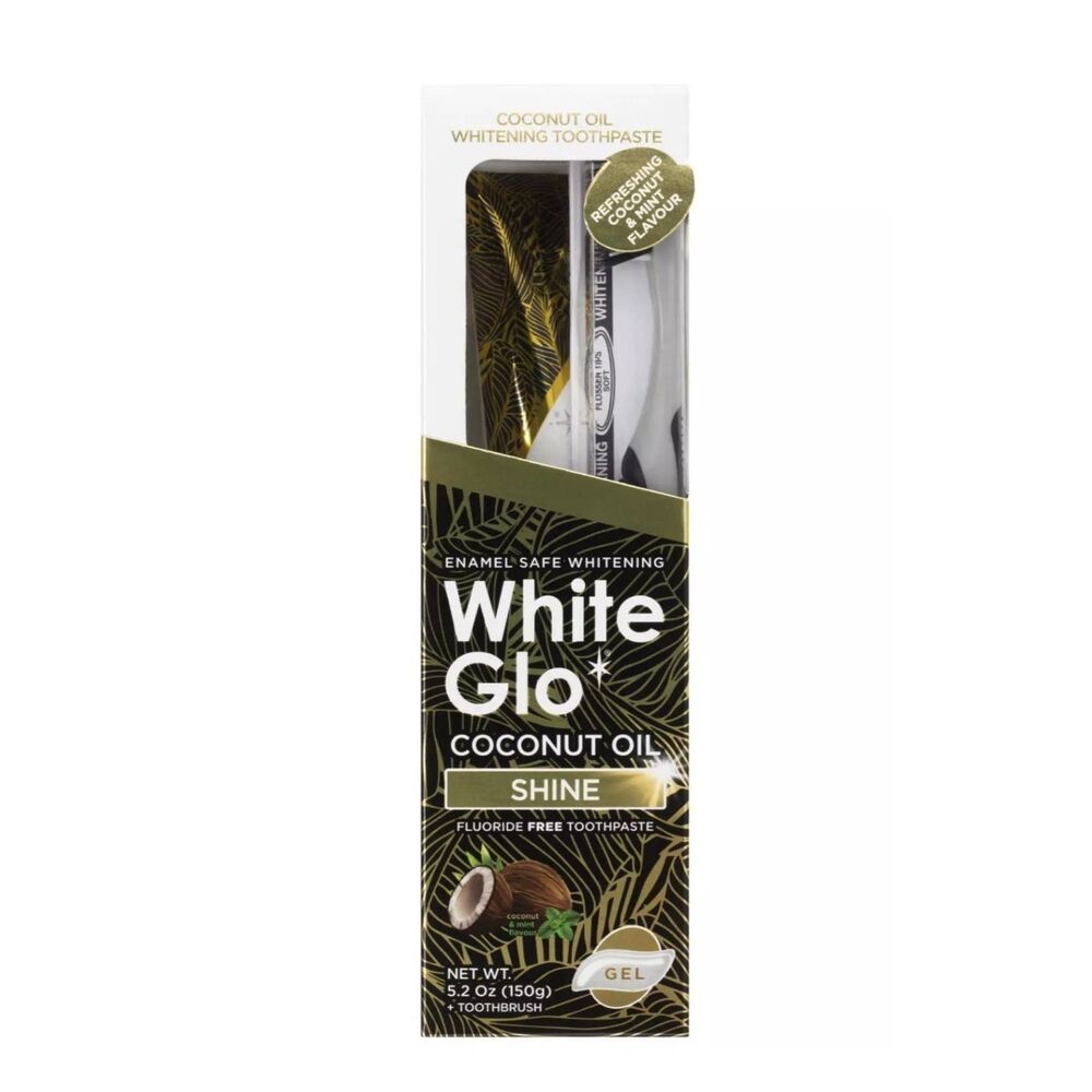White Glo Coconut Oil Shine Enamel Safe Whitening Toothpaste + Brush 5.2 oz.2pac